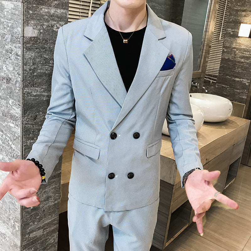 Slim-Fit Double-Breasted Two-Piece Suit in Khaki, Light & Dark Gray