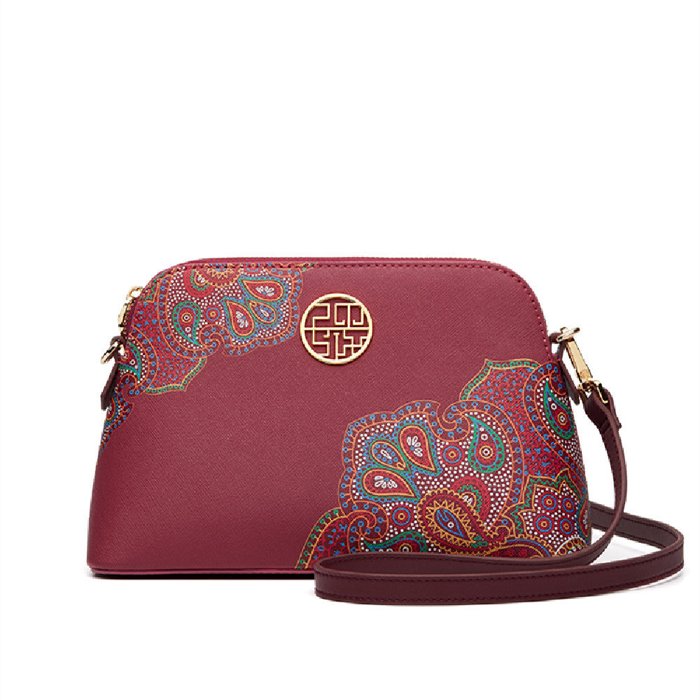 Sac à main femme style chinois rouge lie de vin et gris – Cadeau d'anniversaire pour maman, hauteur 16 cm, cuir de vachette