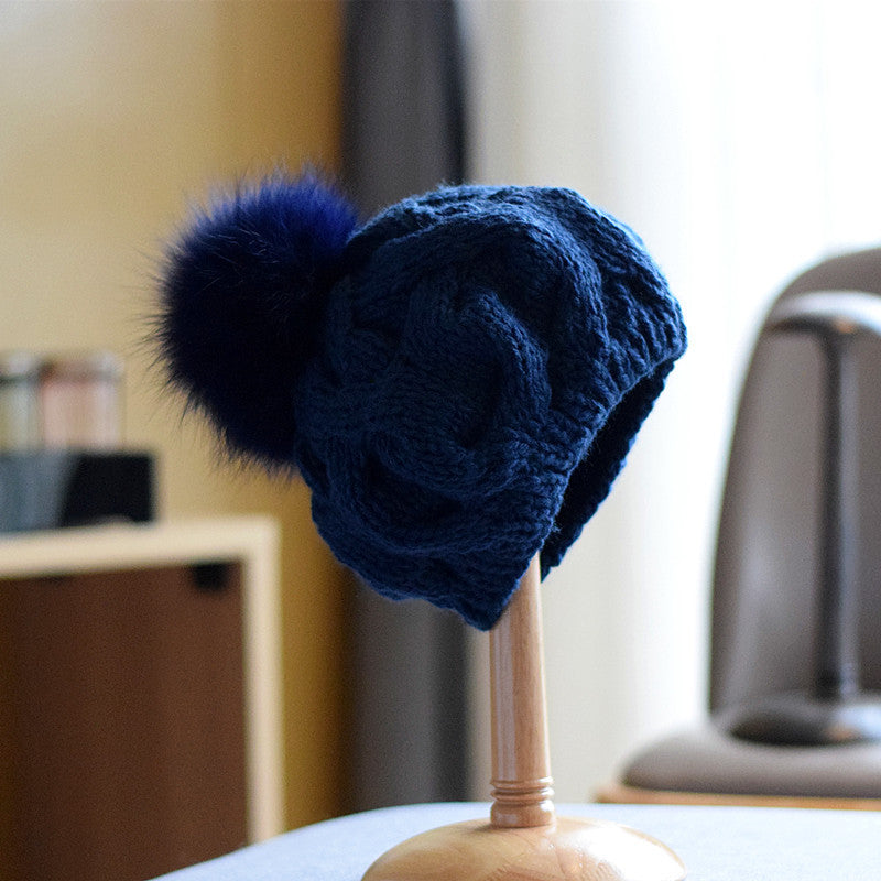 Autumn And Winter Fox Fur Ball Wool Hat For Children