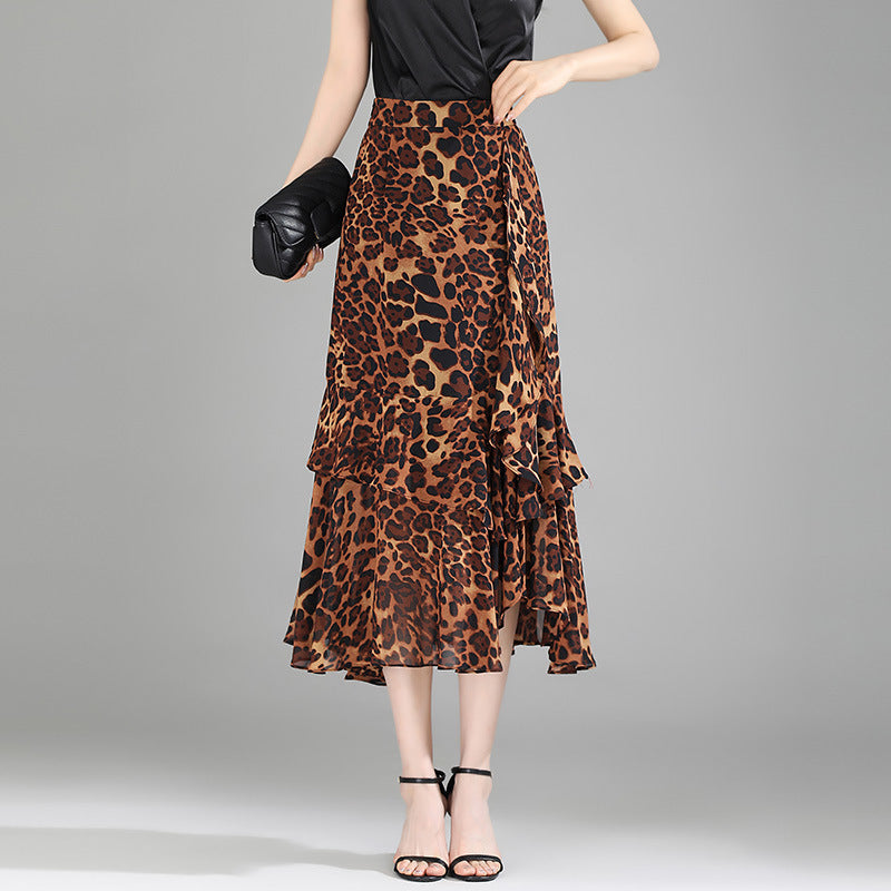 Leopard Print Ruffled Chiffon High Waist Asymmetric Skirt