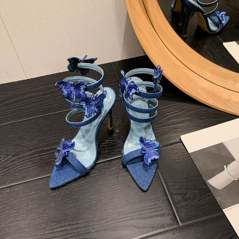 Women's Denim Blue Open Toe Bow High Heels Pointed Toe Summer Shoes