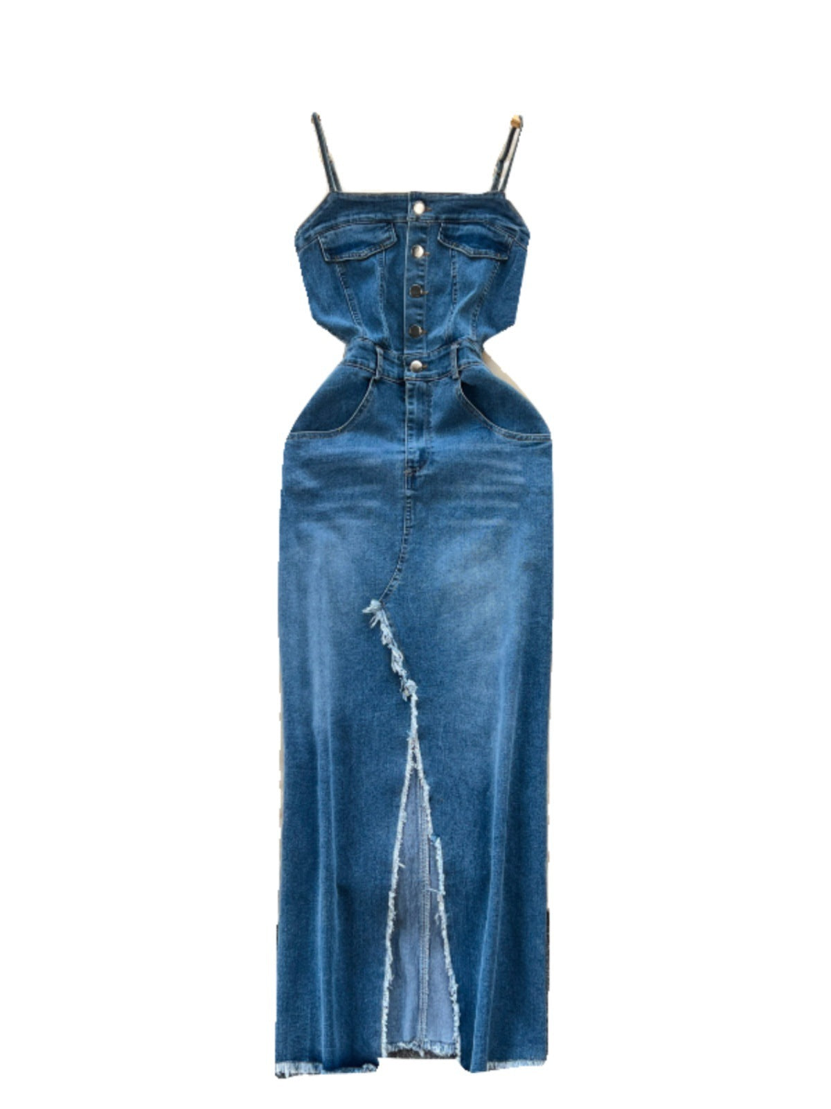 Chic Blue Denim Mid Skirt with Frayed Hem and Split