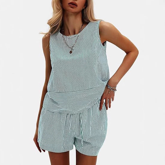 Vertical Striped Waist Round Neck Sleeveless Suit