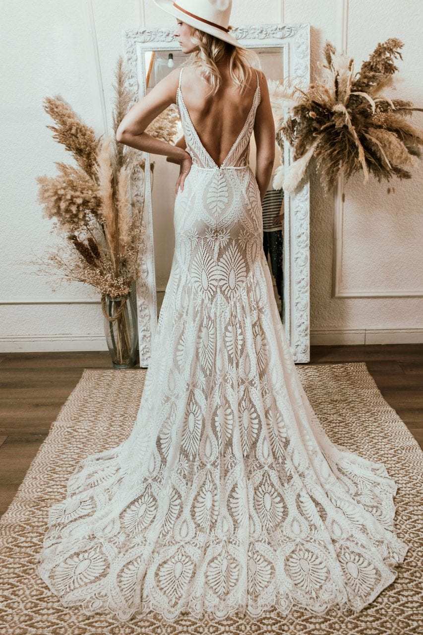 Bohemian V Neck Lace Backless Spaghetti Strap Beach Wedding Dress