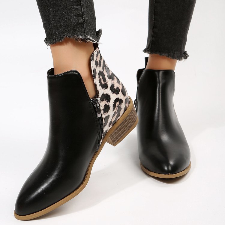 Plus Size Black Leopard Print Leather Martin Boots