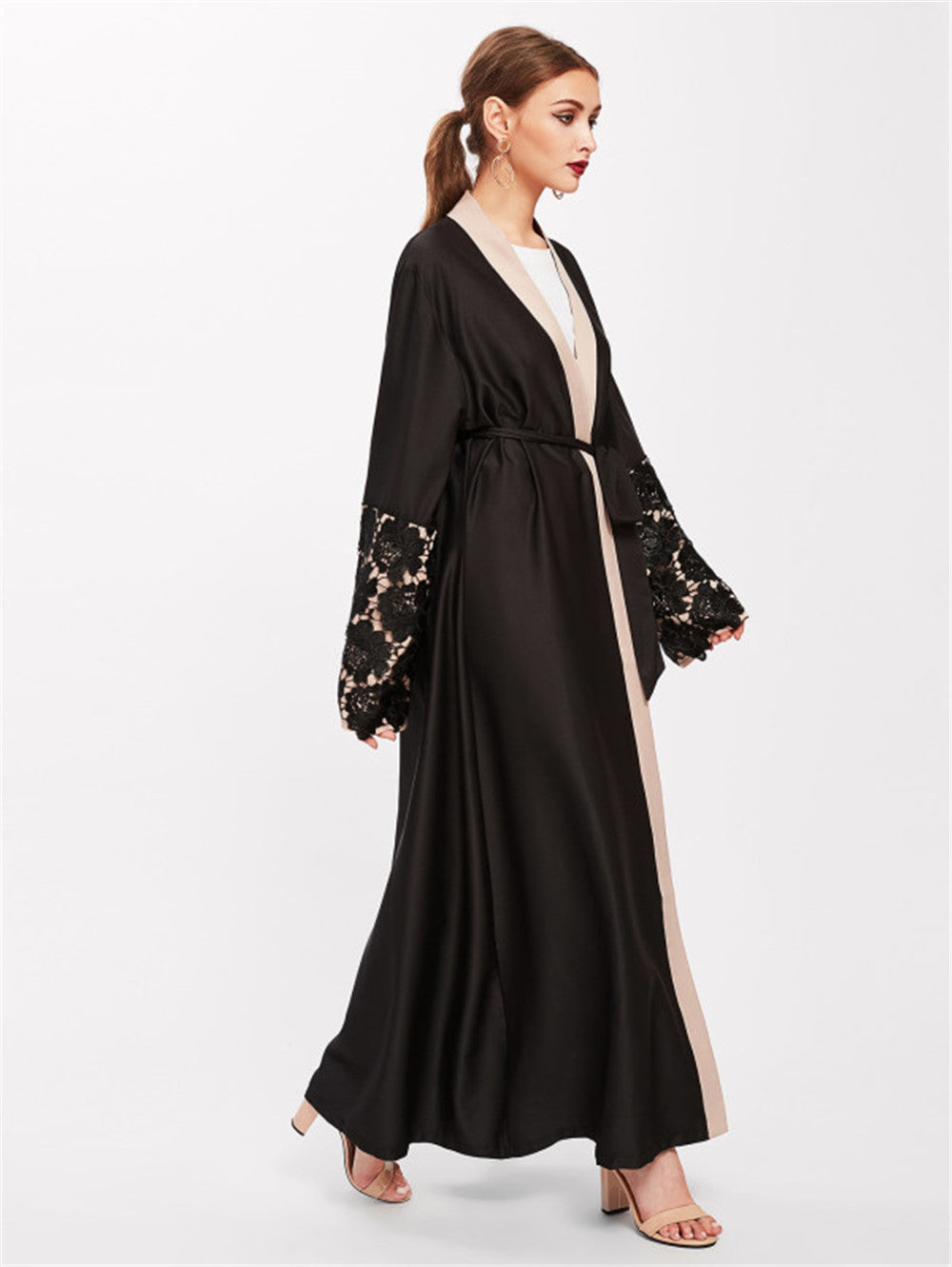Black Lace Cuffs Long Sleeve Loose Lace-Up Cardigan Robe for Women S-2XL