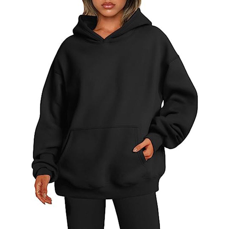 Sweat-shirt à capuche oversize uni avec poches pour femme - Pullover, Polyester, S-XXL