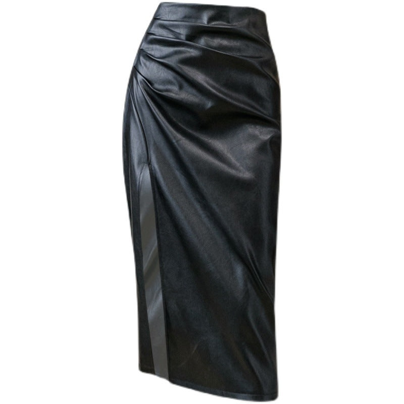 High Waist Black Pleated PU Leather Long Skirt