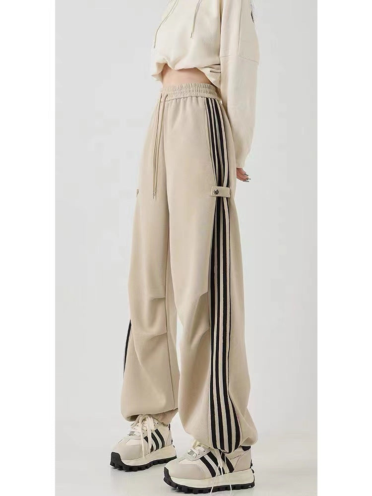 American Striped Wide-Leg Cotton Workwear Sweatpants in Khaki, Black & Dark Gray
