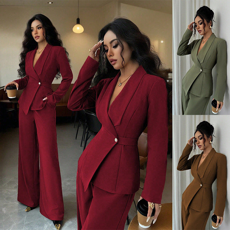 Women's Long-Sleeve Suit Jacket with Straight-Leg Pants Set
