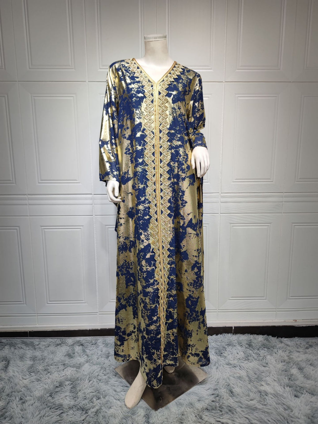 Muslim Chiffon Bronzing Long Sleeve Robe with Belt Dress