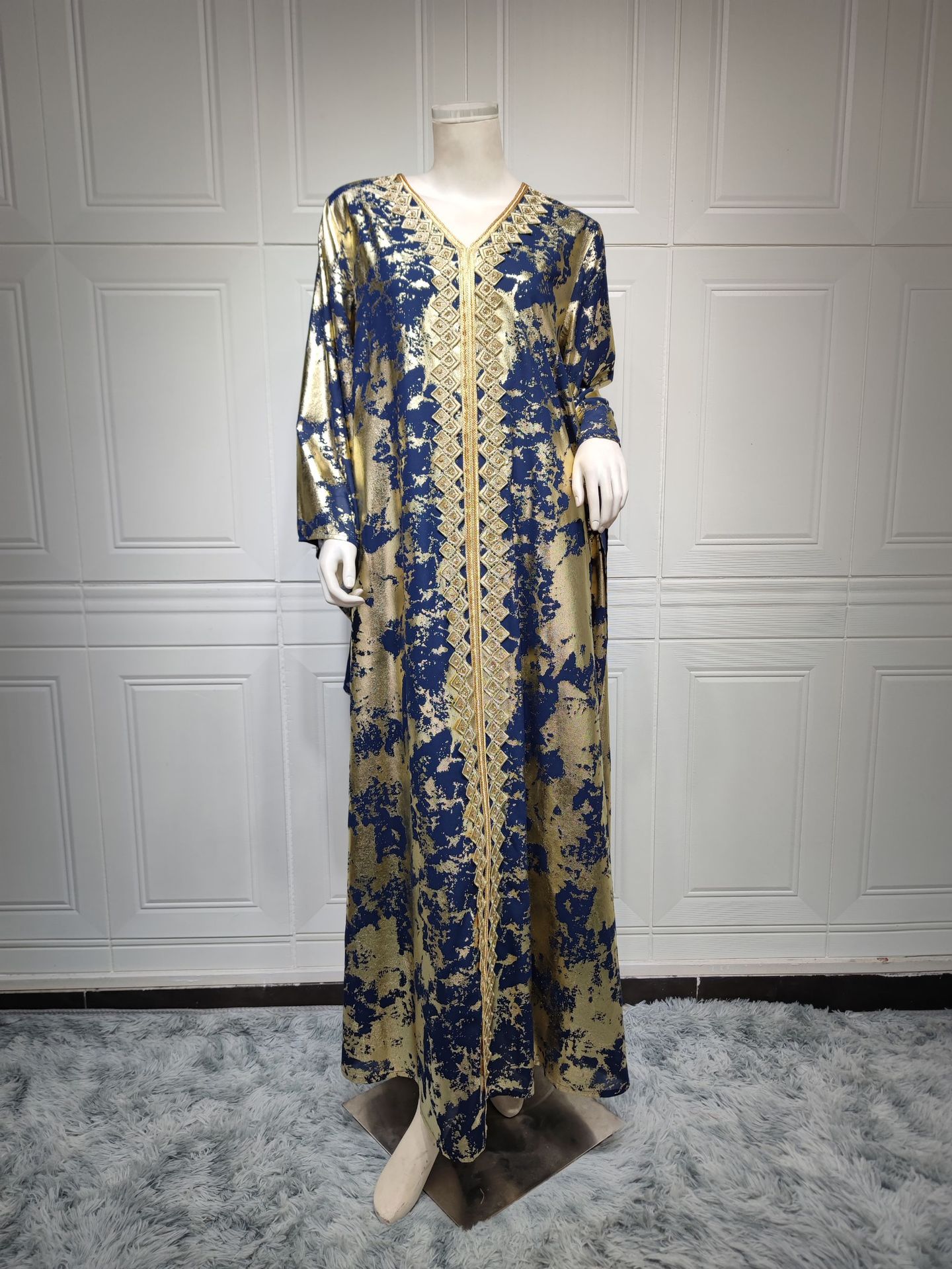 Muslim Chiffon Bronzing Long Sleeve Robe with Belt Dress