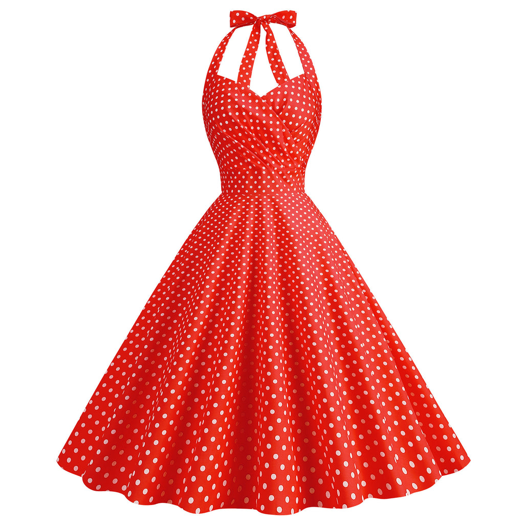 Robe Swing Imprimée Rétro Sexy Moulante à Col Halter et Poitrine Enveloppante