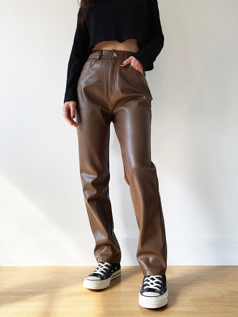 Brown PU Leather High Waist Slim Fit Straight Leg Pants with Cashmere