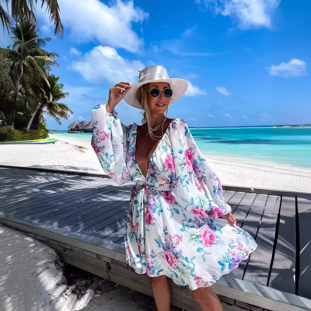 Chiffon Floral Long Sleeve Dress with Stitching Detail