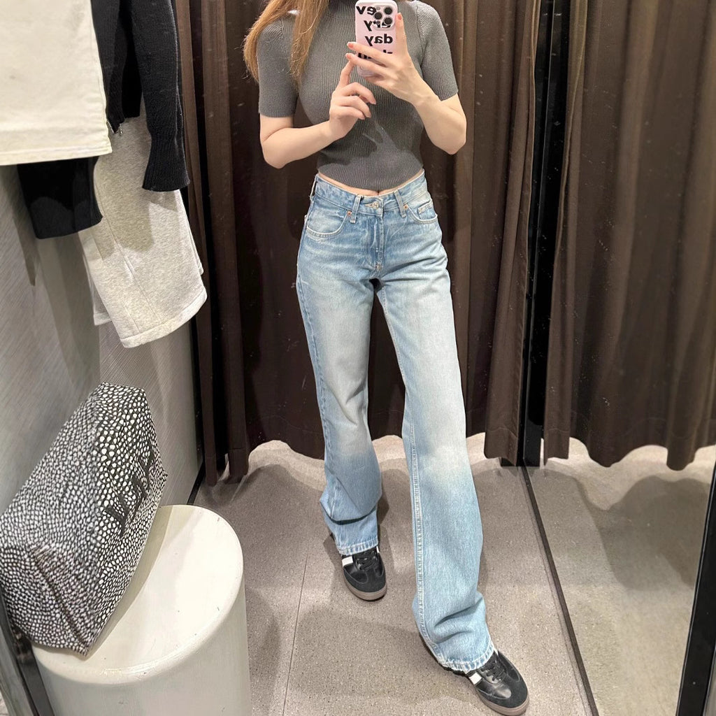 Jeans droits taille haute bleus délavés grande taille pour femme Printemps
