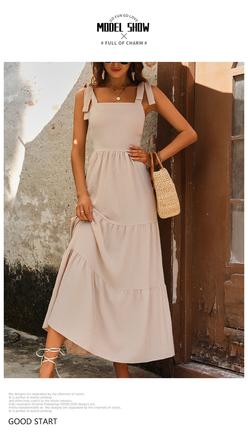 Women's Apricot Backless Solid Color Sling Dress Mid-Length