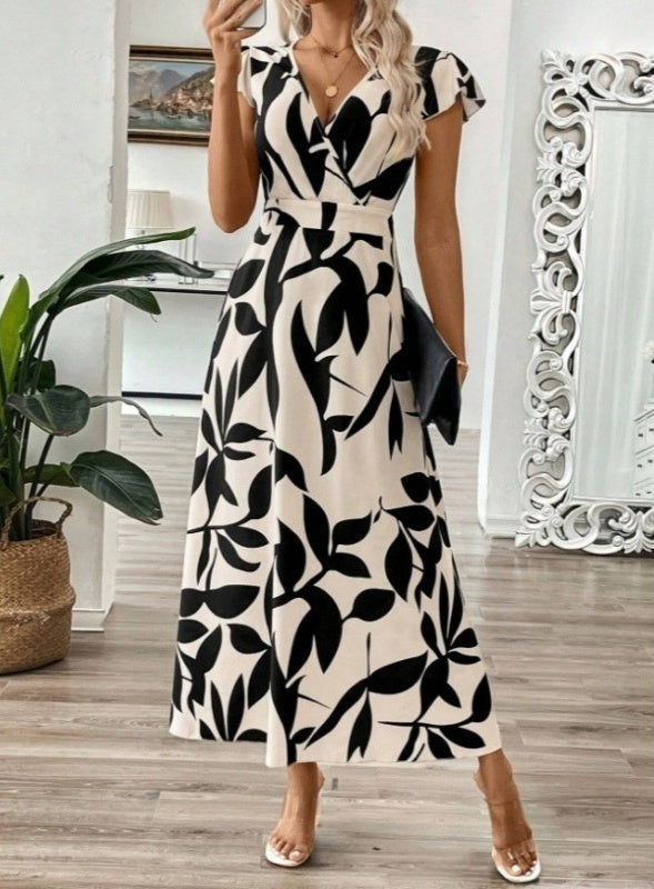 Robe longue élégante d'été pour femmes, avec col en V, imprimée et à manches courtes volants