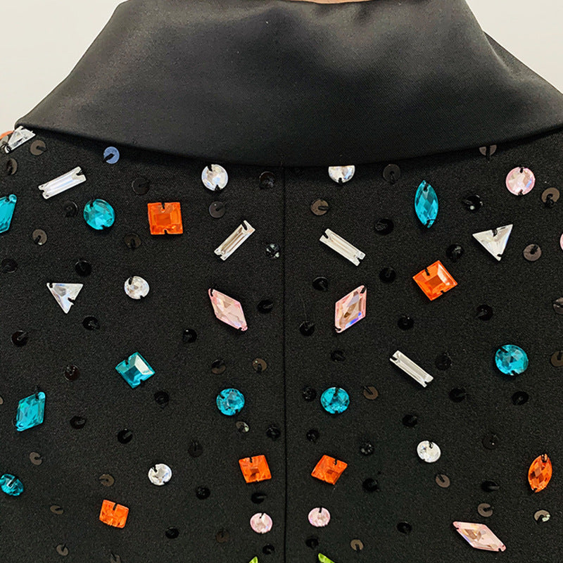 Beaded Color Diamond Two-Piece Suit Coat and Pants Black Polyester