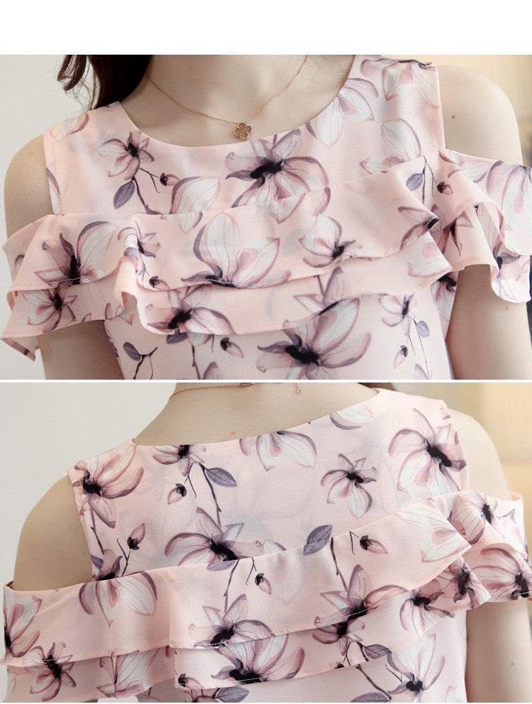 Haut en mousseline à volants fleuri rose épaules dénudées manches courtes pour femme, tailles M à XXL