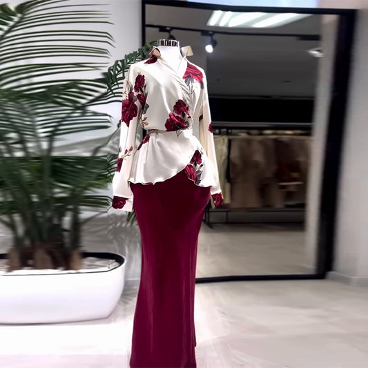 Fashion V-neck Stitching Printed Lace-up Slim Fit Skirt Suit