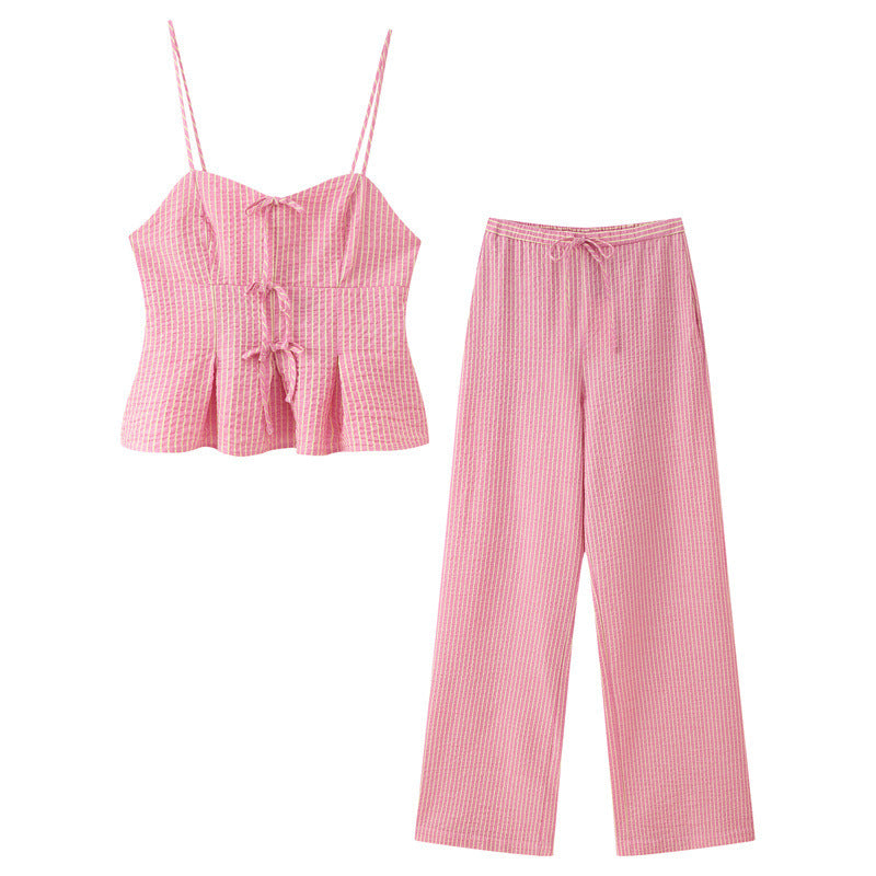Pink Bow Striped Top with Wide Leg Pants Set