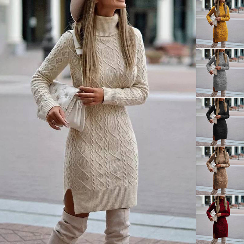 Fashion Turtleneck Knitted Pullover Dress With Slit Winter Warm Solid Color