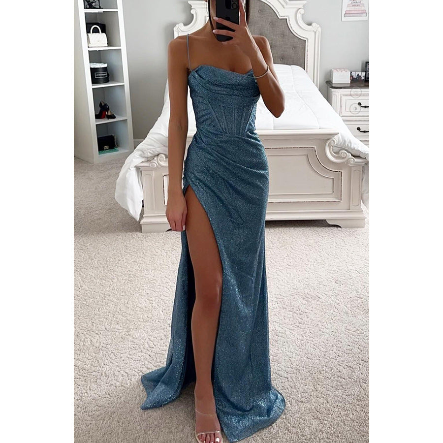 Robe longue d'été sexy à col en V fendue avec bretelles pour femmes