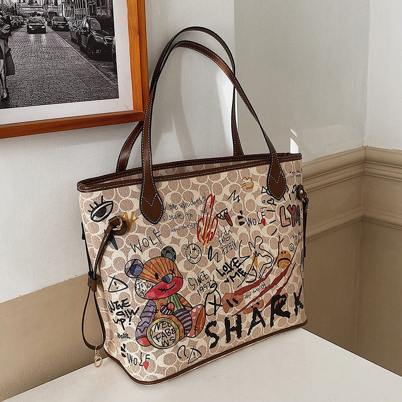 Printed Bear Graffiti Handbag Large Capacity Versatile