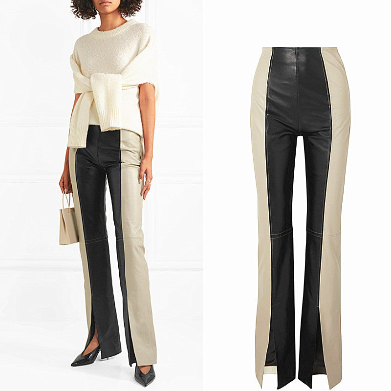 High Waist Slim Two-Tone Patchwork PU Leather Pants