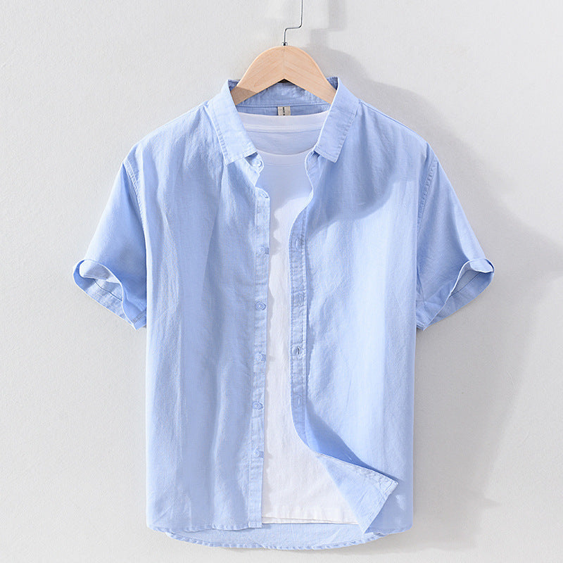 Chemise Homme Coton Lin Manches Courtes Col Carré Coupe Ajustée