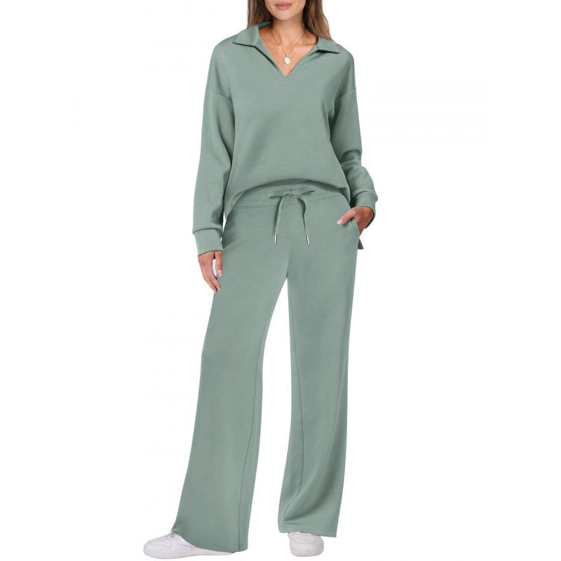 Women's V-Neck Tracksuit Set Long Sleeve Pullover & Drawstring Straight-Leg Trousers Solid Colors