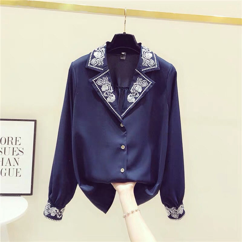 Western Style Embroidery Chiffon Long-sleeved Shirt Women's V-neck All-match Blouse