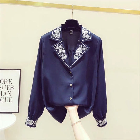 Western Style Embroidery Chiffon Long-sleeved Shirt Women's V-neck All-match Blouse