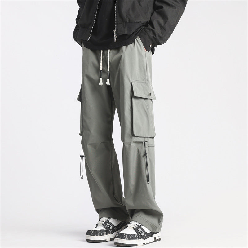 Men's Loose Wide Leg Straight Casual Pants in Black & Green Polyester