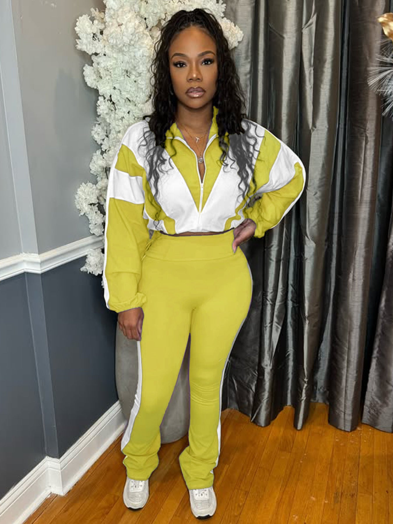 Elastic Buckle Waist Color Block Stitching Contrast Color Sports Casual Two-piece Suit