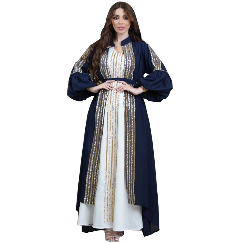 Sequin Embroidered Two-Piece Puff Sleeve Arabian Gulf Dress in Ice Silk