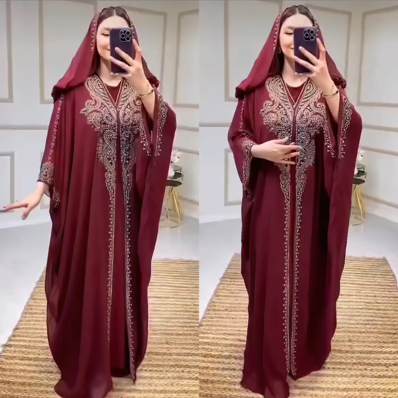 Rhinestone Beaded Muslim Hooded Long Gown Dress