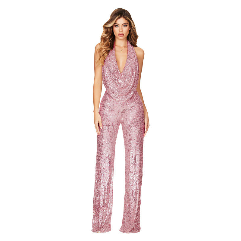 Combinaison d'été sans manches à bretelles et sequins pour femme
