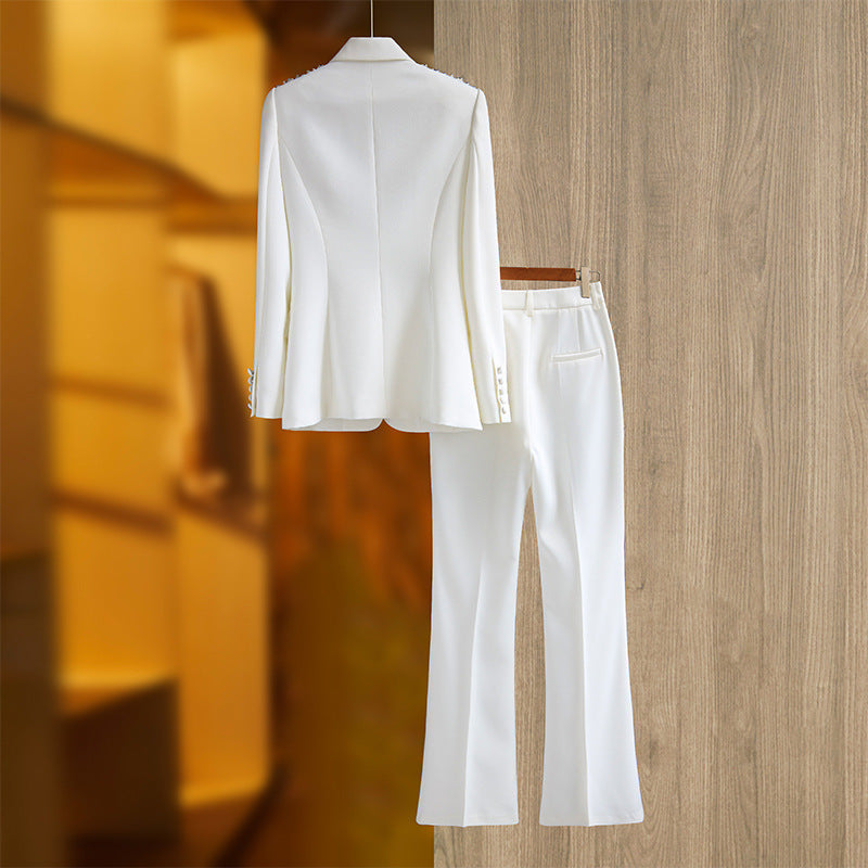 Medium Length Suit Coat with Wide Leg White Polyester Trousers