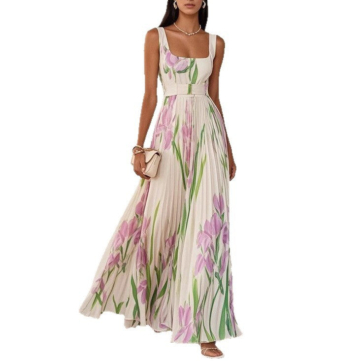 Robe sans manches plissée imprimée taille haute