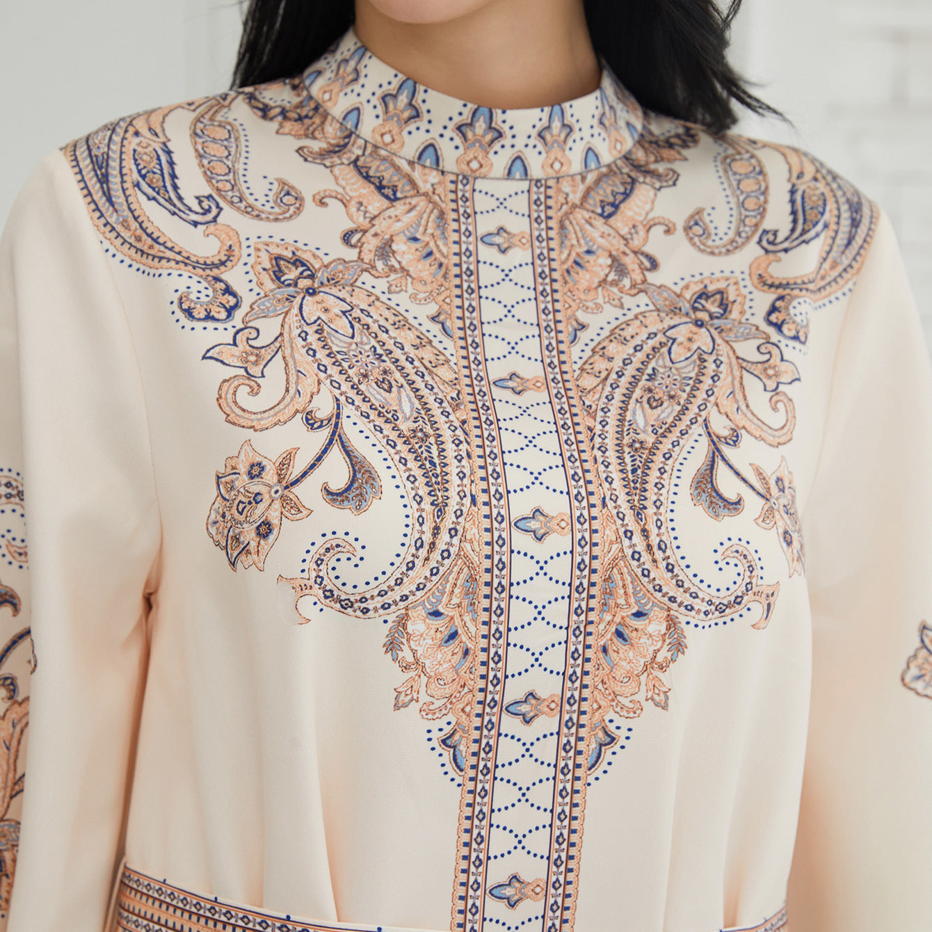 Stand Collar Printing Long Retro Muslim Dress