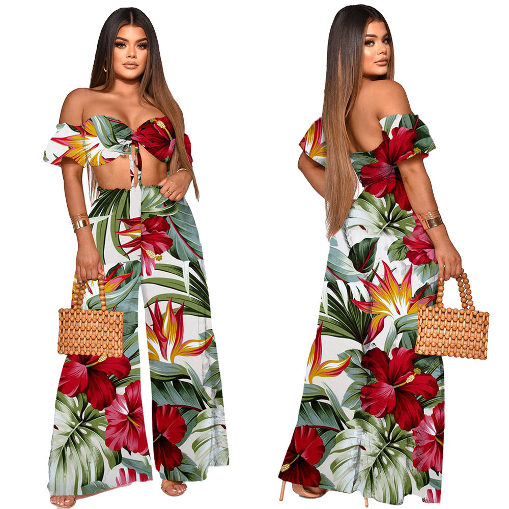 Ensemble deux pièces décontracté imprimé, pantalon large asymétrique à une épaule