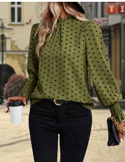 Polka Dot Printed Puff Sleeve Elegant Women's Shirt