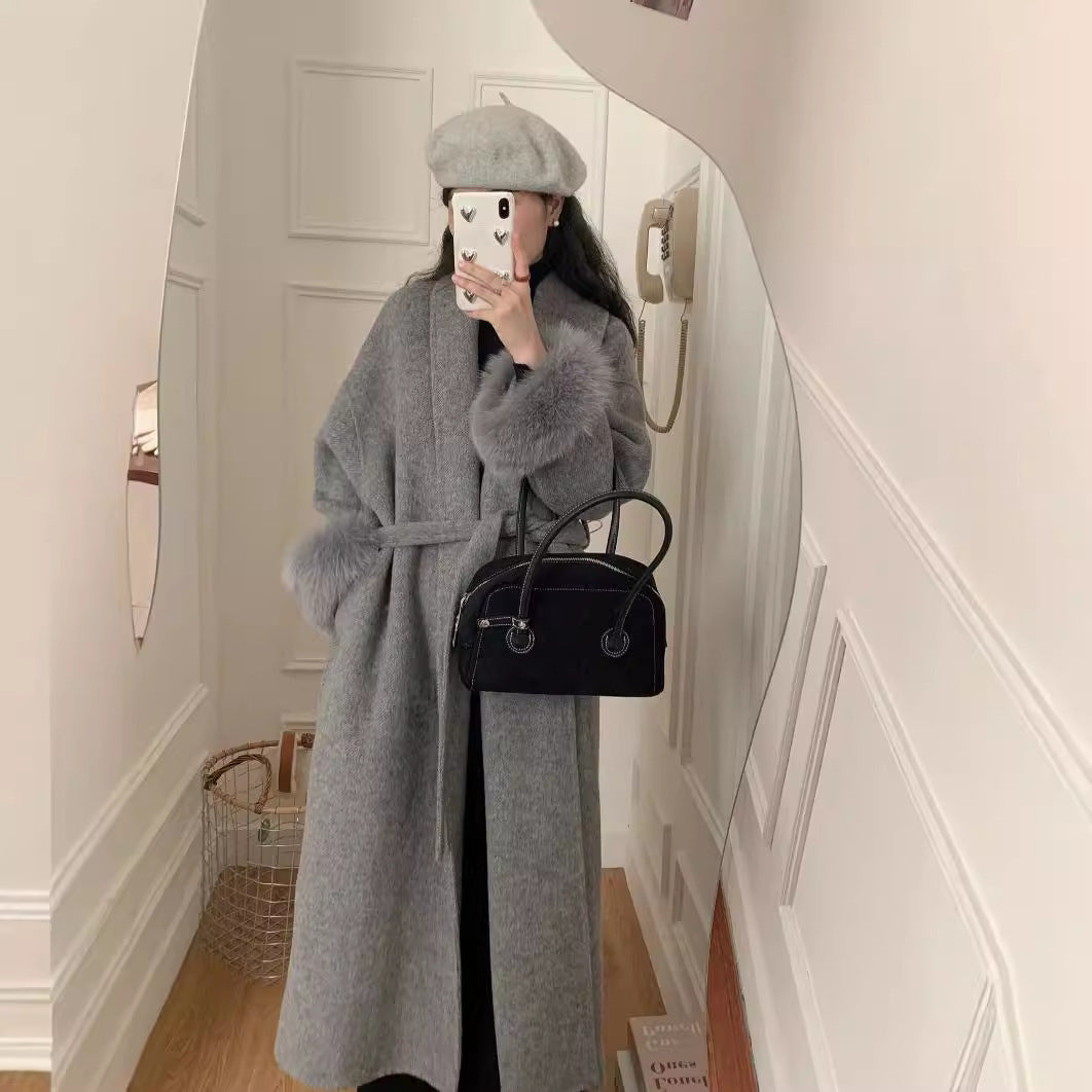 Women's Long Reversible Wool Coat with Lapel and Pockets