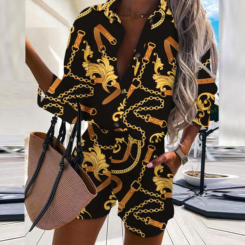 Women's Casual Chain Print Polyester Suit with Shorts, Sizes S-XL