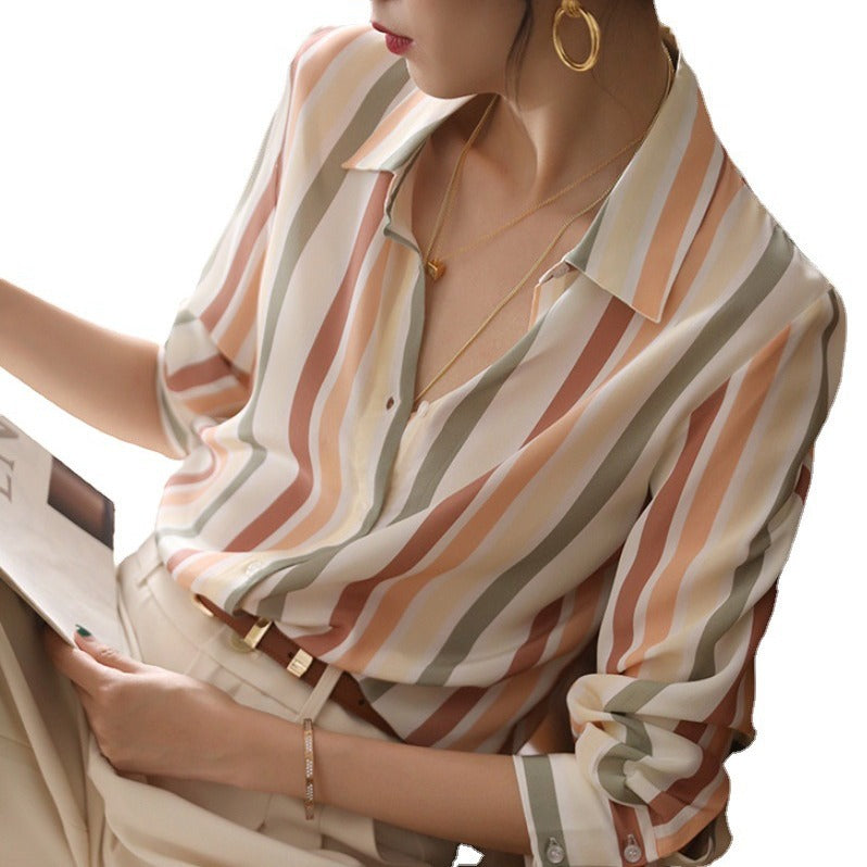Women's Striped Long Sleeve Shirt Top Polyester S-3XL
