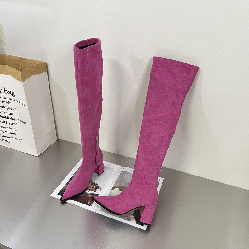 Bottes fines en daim extensibles à talons épais et à talons hauts et fermeture éclair