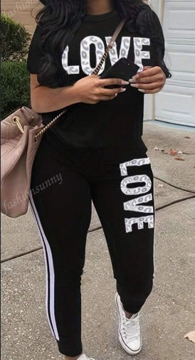 Women Casual Leopard & Letter Print Short Sleeve Top And Pants 2pcs Sports Set