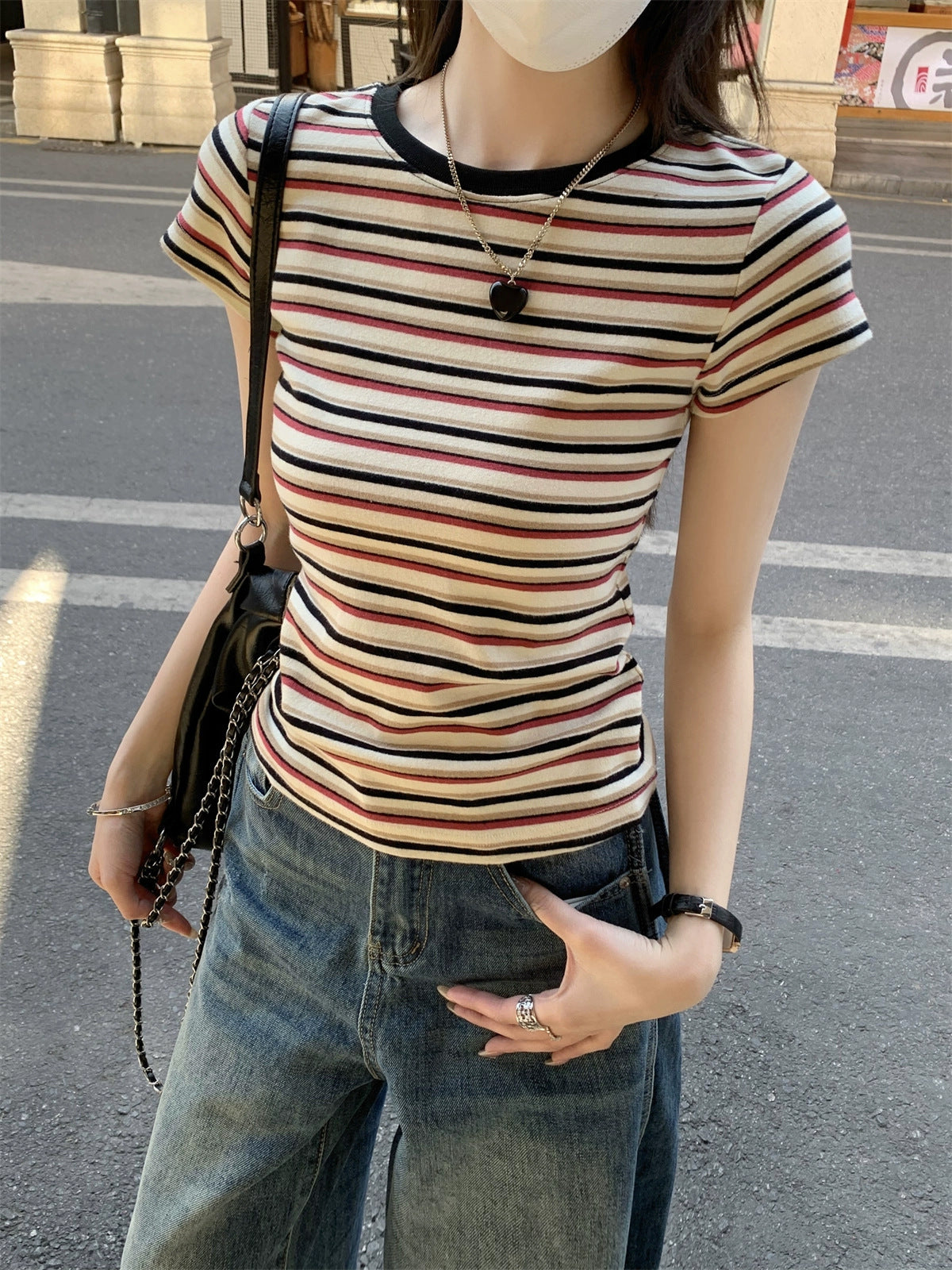Contrast Color Striped Round Neck Short Sleeve Women's Shoulder Top